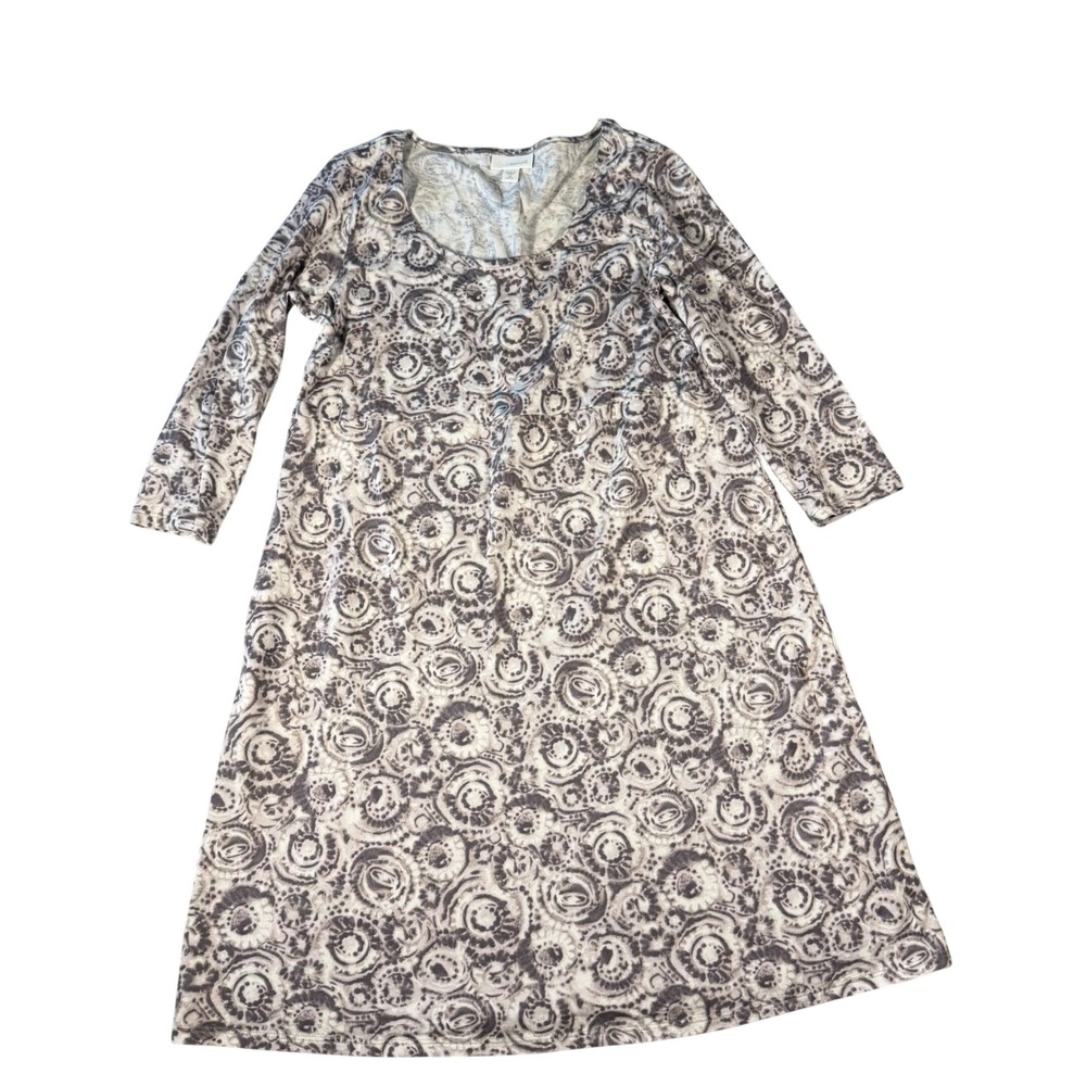 Pure Jill J. Jill Grey White Swirl Print A-Line Dress XS Petite 3/4 Sleeve Knit